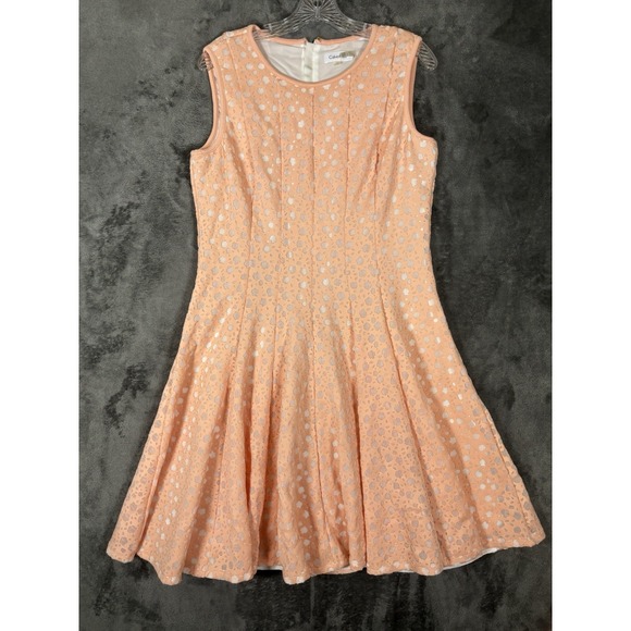 Calvin Klein Dresses & Skirts - Calvin Klein Nectar Peach floral perforated fit-and-flare dress Women's Size‎ 12